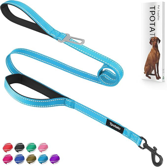 6 Foot Blue Dog Leashes for Large Medium and Small Breed Dogs That Pull,Reflective Nylon Heavy Duty Dog Leash with 2 Comfortable Padded Traffic Handles and Car Seat Belt for Walking and Training