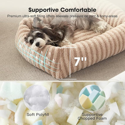 MIXJOY Dog Bed for Medium Small Size Dog, Washable Medium Dogs Bed with Removable Cover, Rectangle Doggy Ded Fluffy Plush Faux Fur Pet Bed with Anti-Slip Bottom, 25"x21"x7", Beige