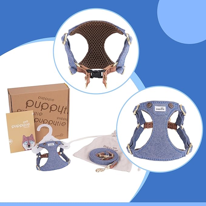 Puppytie No Pull xs Dog Harness with Multifunction Dog Leash,Soft Adjustable No Choke Escape Proof Pet Harness Vest,Denim Light Blue,XXS