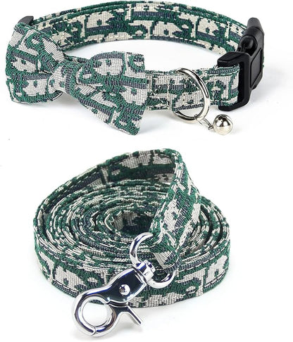 Bowtie Collars for Medium Dogs, Elegant Collars with Leash Set, Dog Collars with Bowtie Adjustable 13.8"-17.7", Green, M