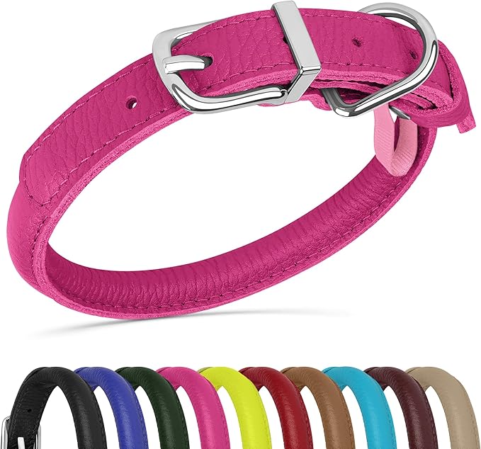 OOPSDOGGY Rolled Leather Dog Collar Soft Roll Collars for Small Medium Large Dogs Puppy (Pink, XS, 8"-11")