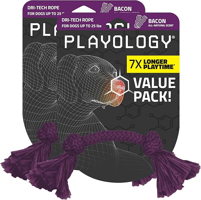 Playology Dog Toys | Dri-Tech Rope Toy Tug of War Rope for Aggressive Chewers (Value 2-Pack) | Small Bacon Scented Toys - Easy to Clean and Made from Non Toxic Materials
