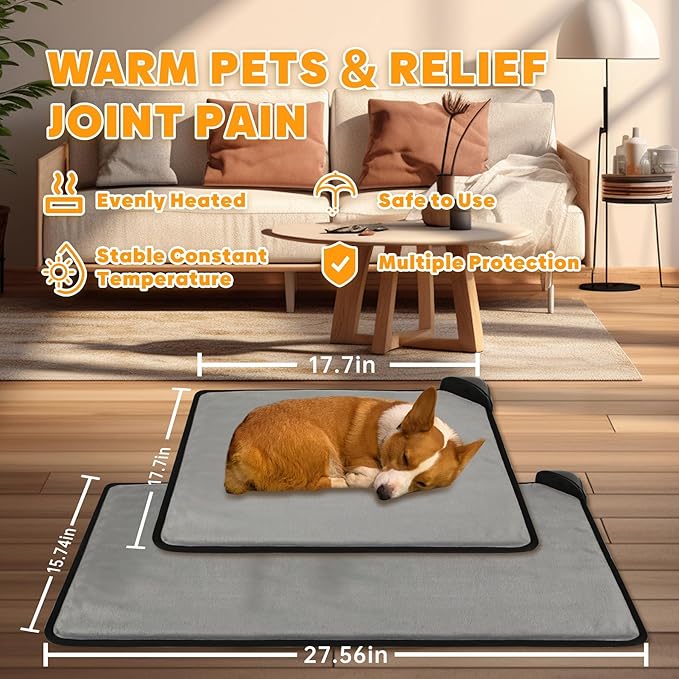 Orznez Pet Heating Pad for Cats & Dogs,Safe Electric Cat Warming Pad with Chew Resistant Cord,Automatic Induction Heated Cat Bed,Adjustable Temperature & Time (Camel, 17.7" x 17.7")