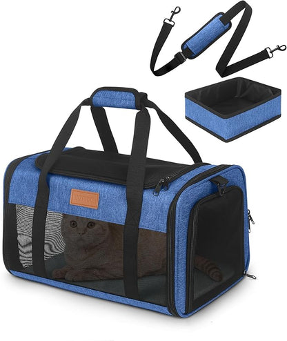 PETUX Airline Approved Pet Carrier - 17x11x9.5 in, Underseat, Top & Side Entry, Soft Sided Cat Dog Carrier for Small Cat & Dog Up to 12 lbs with Anti-Scratch Mesh & Litter Box for Travel & Vet - Blue