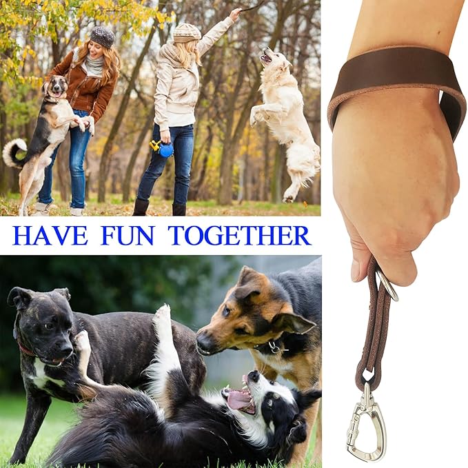 Short Leather Dog Leash 14 Inch Lead With 360 Heavy Duty Metal Clip - Soft, Strong, Light for Medium and Large Dogs - Pet Training Walking Rope