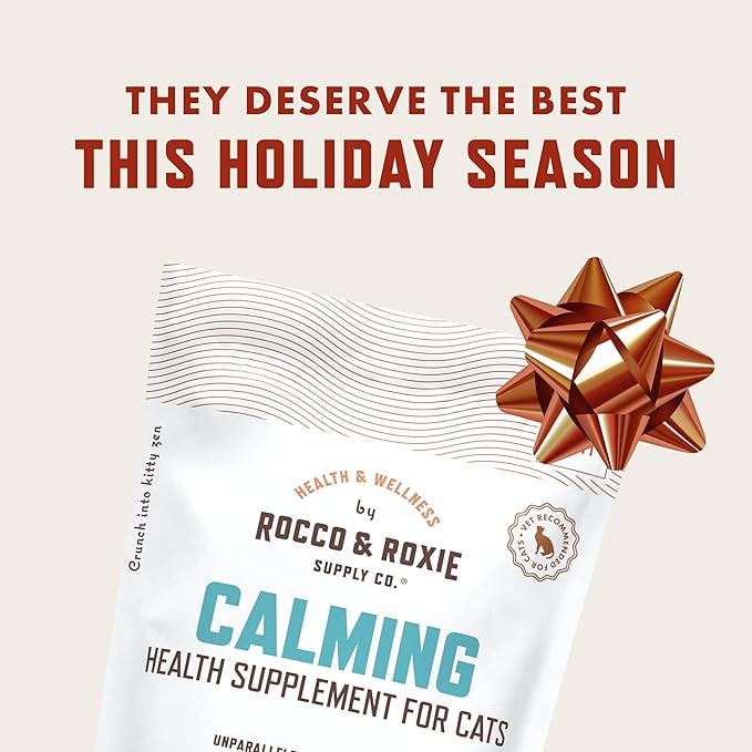 Rocco & Roxie Cat Calming Treats with Melatonin for Cats, Stress and Anxiety Relief, Keep Calm for Grooming, Travel, or Vet Visits, Aid Sleep with Organic Ashwagandha and GABA, Chicken Flavored Chews