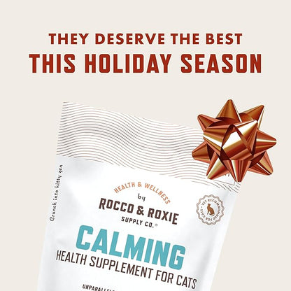 Rocco & Roxie Cat Calming Treats with Melatonin for Cats, Stress and Anxiety Relief, Keep Calm for Grooming, Travel, or Vet Visits, Aid Sleep with Organic Ashwagandha and GABA, Chicken Flavored Chews