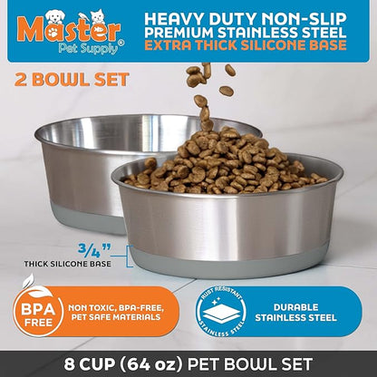 Master Pet Supply Stainless Steel Dog Bowls Set of 2 with Extra Thick Silicone Base - 8 Cup (64 oz) Graphite, Non-Slip, Dishwasher Safe Metal Bowls, Pet Dog Food Bowl for Dogs, Cats, Anti Rust