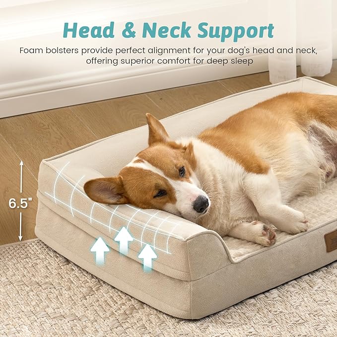 COZY KISS Orthopedic Large Dog Beds, Bolster Pet Couch with Waterproof Lining, Egg Crate Foam Sofa for Pets Up to 65 lbs, U-Shaped, 36x27x6.5 inch, Beige