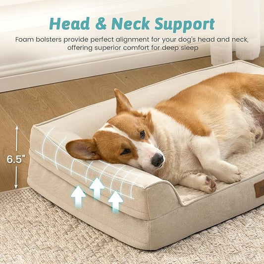 COZY KISS Orthopedic Large Dog Beds, Bolster Pet Couch with Waterproof Lining, Egg Crate Foam Sofa for Pets Up to 65 lbs, U-Shaped, 36x27x6.5 inch, Beige