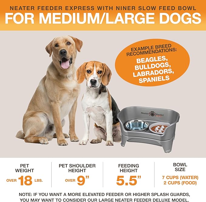 Neater Feeder Express Mess Proof Dog Bowls Elevated for Medium and Large Breed – Made in USA – No Spill Raised Slow Feeder Elevated Dog Bowl Stand, Slow Feed Food and Water Bowl Set, Grey