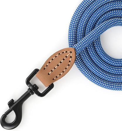 Mile High Life Small Dog Leash, Thin Rope Leash with Genuine Leather Connection and Heavy Duty Metal Clasp, Great for Small Medium Dogs(Blue White,48 Inch-1/3)