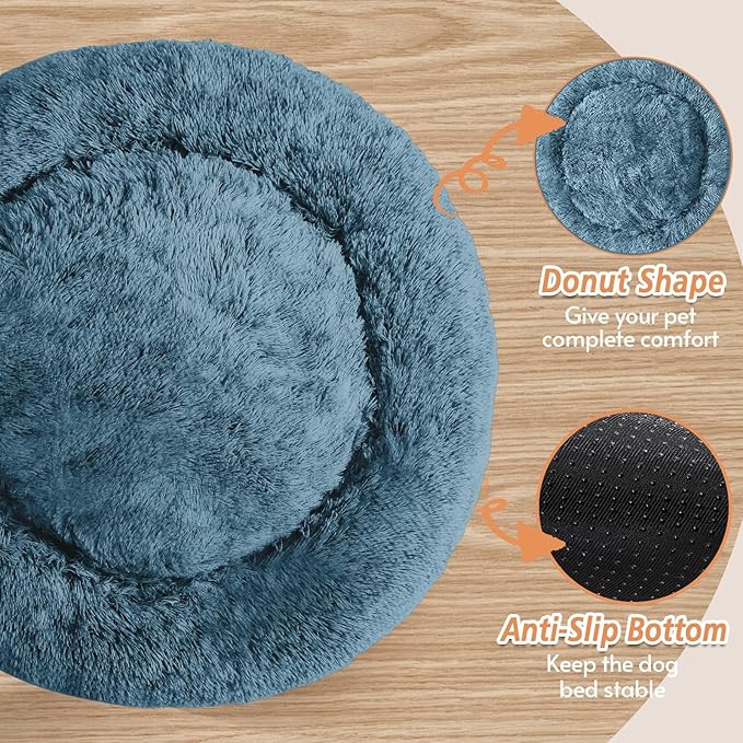 JOLLYVOGUE Calming Dog Bed Medium Size Dog, Anti-Anxiety Donut Medium Pet Bed, 27 inches Fluffy Faux Fur Round Cat Bed (Blue)