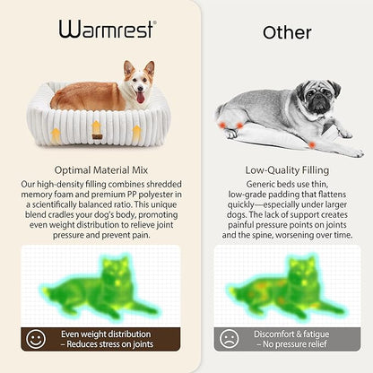 Warmrest Washable Dog Bed for Small Medium Dogs - Rectangle Orthopedic Corduroy Fleece Pet Bed with Removable Cover and Nonskid Bottom, Calming Puppy Bed Soft Pet Sofa, Cream(30x24x8inchs)