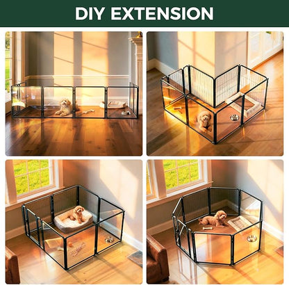 FXW Acrylic & Wire Mesh Indoor Dog Playpen, Heavy Duty 24 Inch 8 Panels Metal Dog Pen for Puppy and Small Dogs, Black│Patented
