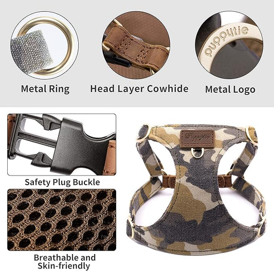 Puppytie Dog Harness & Multi-Function Leash Set for Medium Dogs - Camouflage Brown-L, No Pull Function, Soft Dog Vest Design