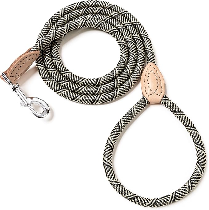 Mile High Life Rope Leash with Genuine Leather Connection, 6 FT/5 FT/4 FT, Heavy Duty Leash for Small Medium & Large Dogs(Black Beige,48 Inch)