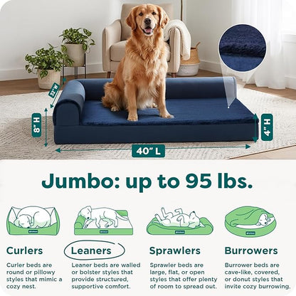 Furhaven Orthopedic Dog Bed for Large Dogs w/ Removable Bolsters & Washable Cover, For Dogs Up to 95 lbs - Plush & Velvet L Shaped Chaise - Deep Sapphire, Jumbo/XL