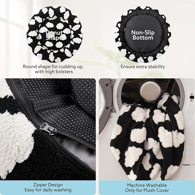 JOEJOY Donut Dog Bed Medium Size Dog, Cute Round Calming Pet Bed with Removable Washable Cover, Orthopedic Puppy Bed with Jacquard Shaggy Plush & Non Skid Bottom