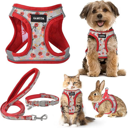 GAMUDA Small Dog Harness Collar and Leash Set, Step in No Chock No Pull Soft Mesh Adjustable Dog Vest Harnesses Plaid Reflective for Dogs Puppy Cats Kitten Rabbit (Red Flower, XXS)