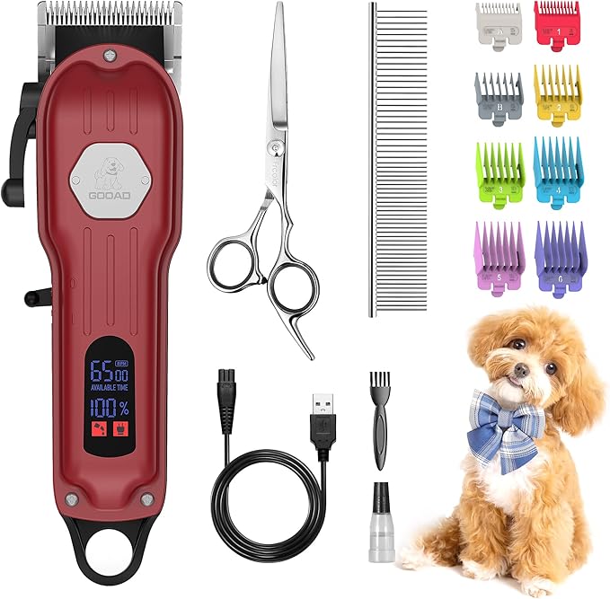 Dog Grooming Kit for Heavy Thick Hair & Coats, Low Noise Trimmer, Rechargeable Cordless Pet Shaver With Stainless Steel Blade, Clippers for Small Large Dogs Pets (Red)