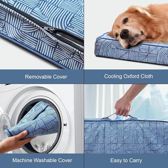Tail Stories Outdoor Orthopedic Dog Bed for Extra Large Dogs, XL Waterproof Flat Pet Bed 44x32 Inch, Egg Crate Foam with Removable Washable Oxford Cooling Cover, White Blue
