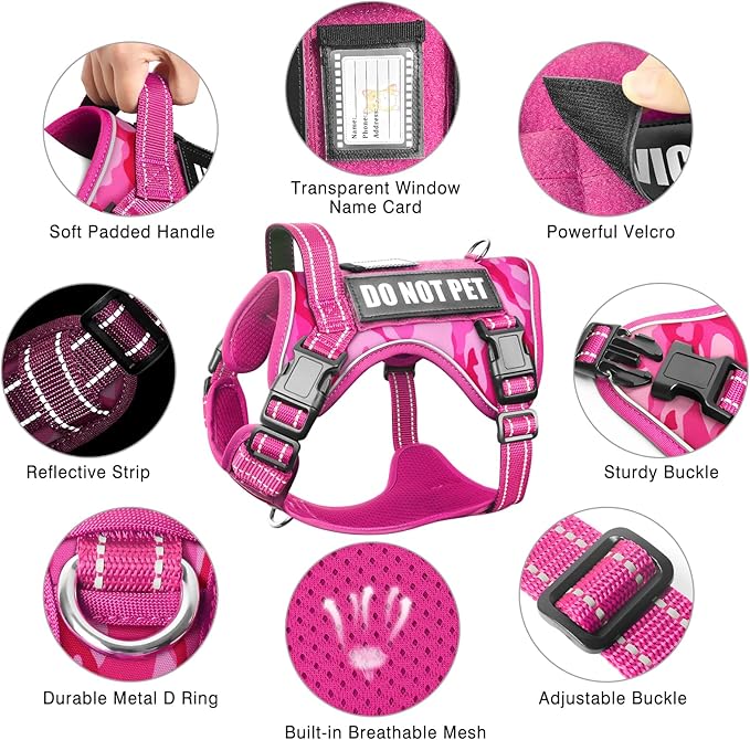 MOOGROU Tactical Service Dog Vest and Leash Set,Heavy Duty No Pull Dog Harness and 10 Patches with Dog Seat Belt for Medium Dogs,Reflective Pet Harness for Training Walking Hiking Camo Pink M