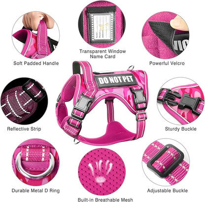 MOOGROU Tactical Service Dog Vest and Leash Set,Heavy Duty No Pull Dog Harness and 10 Patches with Dog Seat Belt for Medium Dogs,Reflective Pet Harness for Training Walking Hiking Camo Pink M