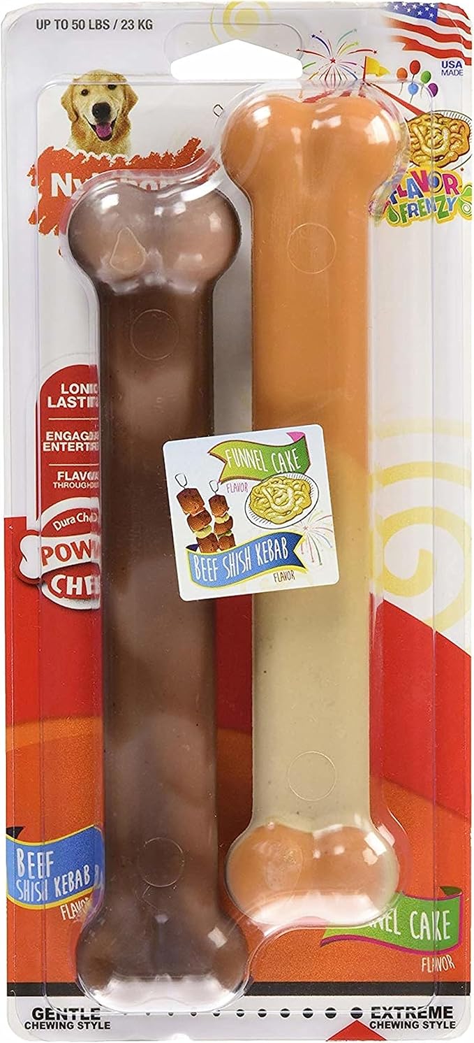 Nylabone Original Bone Power Chew Toy for Dogs, Durable Dog Toys for Aggressive Chewers, Flavor Frenzy Funnel Cake & Shish Kabob Flavor, Large - Up to 50 lbs, 2 Pack