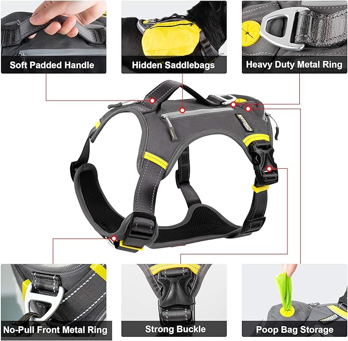 Fida Dog Harness, Multi-Functional No-Pull Pet Vest Harness with Saddle Bags Backpack, Front Leash Clip, Adjustable Soft Padded Reflective No-Choke Dog Vest Heavy Duty for X-Large Dog, XL,Black