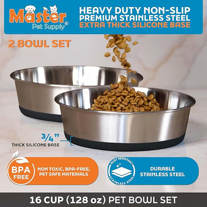 Master Pet Supply Stainless Steel Dog Bowls Set of 2 with Extra Thick Silicone Base - 16 Cup (128 oz) Black Velvet, Non-Slip, Dishwasher Safe Metal Bowls, Pet Dog Food Bowl for Dogs, Cats, Anti Rust