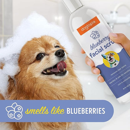 Dogtopia Blueberry Facial Cleansing Wash for Dogs (16oz) and Facial Wipes (60ct) Combo | Gently Remove Tear Stains | Remove Saliva Stains | Brighten and Whiten Coat | Daily Tear Stain Wipes