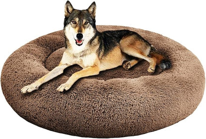 SAVFOX Plush Calming Donut Dog Beds for Small Dogs, Medium, Large & X-Large Breeds, Comfy Cuddler Dog Bed and Cat Bed in Faux Fur, Washable, Multiple Sizes S-XXL