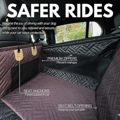 Premium Dog Car Seat & Back Seat – Waterproof & Non-Slip Travel Hammock with Storage Pockets | Secure & Comfortable Pet Seat Cover for Medium Dogs – Fits Cars, SUVs & Trucks (Brown)