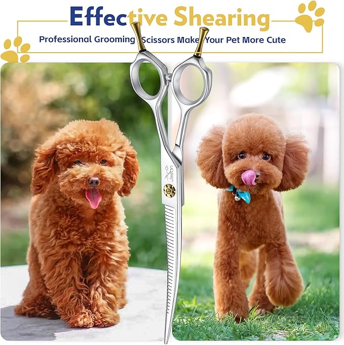 JASON 7" Dog Grooming Scissors - Up-curved Thinning Shears with 25%-30% Thinning Rate, Japanese 440C Stainless Steel Dog Blenders for Grooming with Adjustable Screw (32 Teeth, Silver) Christmas Gift