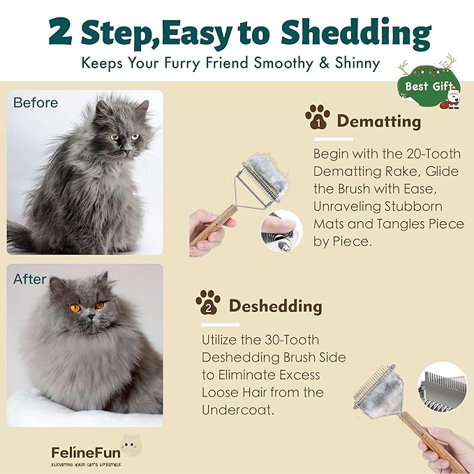 FelineFun Cat Brush for Dematting & Deshedding, 2 in 1 Undercoat Rake, Efficiently Remove Loose Hair & Matted Fur, Professional Shedding Comb for Indoor Cats & Long Haired Cats