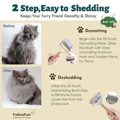 FelineFun Cat Brush for Dematting & Deshedding, 2 in 1 Undercoat Rake, Efficiently Remove Loose Hair & Matted Fur, Professional Shedding Comb for Indoor Cats & Long Haired Cats