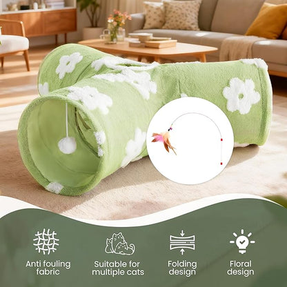 Tempcore Flannel Pet Cat Tunnel Tube Cat Toys 3 Way Collapsible, Cat Tunnels for Indoor Cats，Kitty Tunnel Bored Pet Toys Peek Hole Toy Ball Puppy, Kitty, Kitten, Rabbit Daisy Green