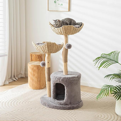 PISARRY Cat Tree Tower, 46 inch Modern Cat Tree for Indoor Cats Large Adult, Luxury Cat Condo with Scratching Post, Real Solid Wood Branch Indoor Boho Furniture, Climbing Tower, Gray