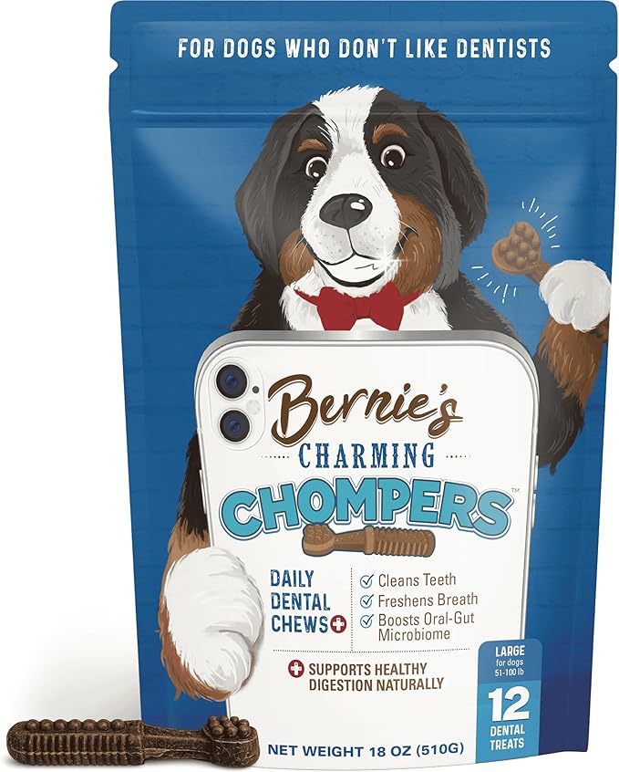 Bernie's Charming Chompers - Daily Dental Chews for Dogs 50-100 Lbs. - 12 Count - Cleans Teeth, Freshens Breath, + Boosts Oral-Gut Microbiome. Easy to Digest, Supports Healthy Digestion Naturally