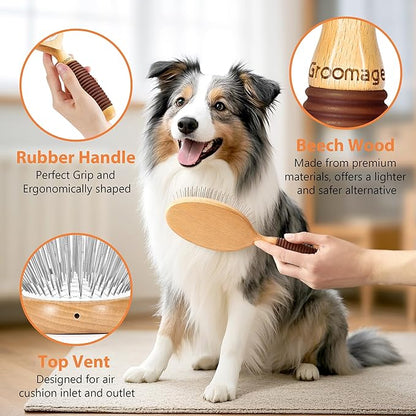 GROOMAGE Dog Brush for Long Haired Dogs, 27mm Extra Long Metal Pin Dog Deshedding Brush and Comb Set, Short Haired Shedding Grooming Detail Pets Brush Set with Rubber Handle