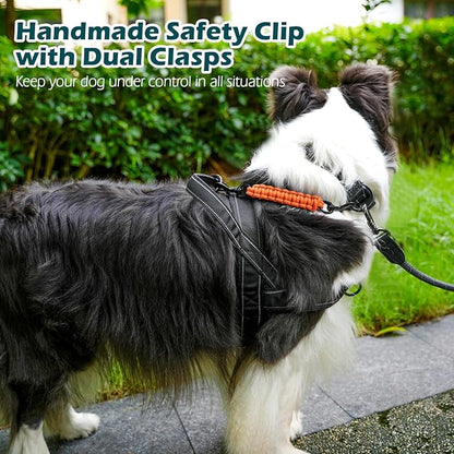 PetBonus Dog Collar Safety Clip, Handmade Backup Safety Strap for Dog Harness, Prong, Pinch Collar, Double Ended Clasp Leash Connector (Orange)