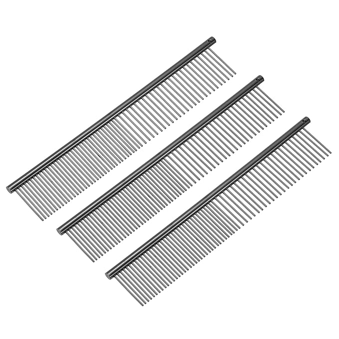 PETAXCELL Dog Cat Comb, Pet Combs Stainless Steel Teeth with Rounded Ends for Knots Mats Loose Hair Removal, 7.5IN (Black Plated, 3 Pack), Grooming Tool Intended for Long Curly Hair Pet