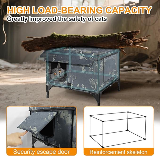 Large Heated Cat House for Outside 21x17x17 in, 100% Waterproof Elevated Base, Insulated Outdoor Cat Shelter with Heater for Feral Barn Cat, Safe Two-Way Escape Door