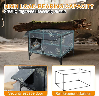 Large Heated Cat House for Outside 21x17x17 in, 100% Waterproof Elevated Base, Insulated Outdoor Cat Shelter with Heater for Feral Barn Cat, Safe Two-Way Escape Door