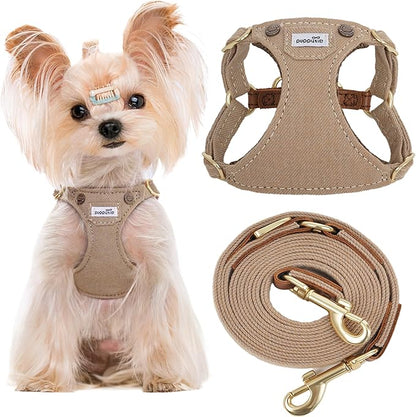 Puppytie No Pull xs Dog Harness with Multifunction Dog Leash,Soft Adjustable No Choke Escape Proof Pet Harness Vest,Denim Mocha Brown,XXS