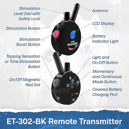 Educator ET-302 Black Mini E Collar for Dog Training with Remote - 1/2 Mile Range, Waterproof, 100 Blunt Stimulation Levels, Tone or Vibration Mode, Night Light for Small, Medium & Large Dogs (2 Dogs)