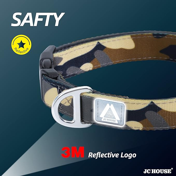 Soft Padded Dog Collar, Neck 9’’-14’’, Adjustable Heavy Duty Collar with 3M Reflective Logo for Small Dogs, Camo Green, S