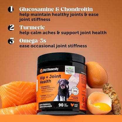 Pet Honesty Hip & Joint Health Soft Chews for Dogs, Joint Supplement with Glucosamine Chondroitin, MSM, Turmeric, Joint Support + Mobility, May Reduce Occasional Discomfort (Chicken 90 Count)