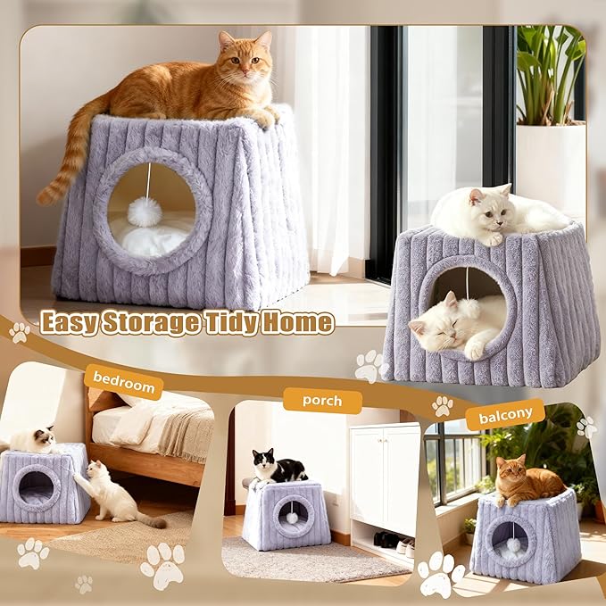 Indoor Cat House - Large Cat Bed Cave with Fluffy Balls and Scratch Pads, Foldable House and Apartment with Pads, Suitable for Multiple Cats (Grey, Large)